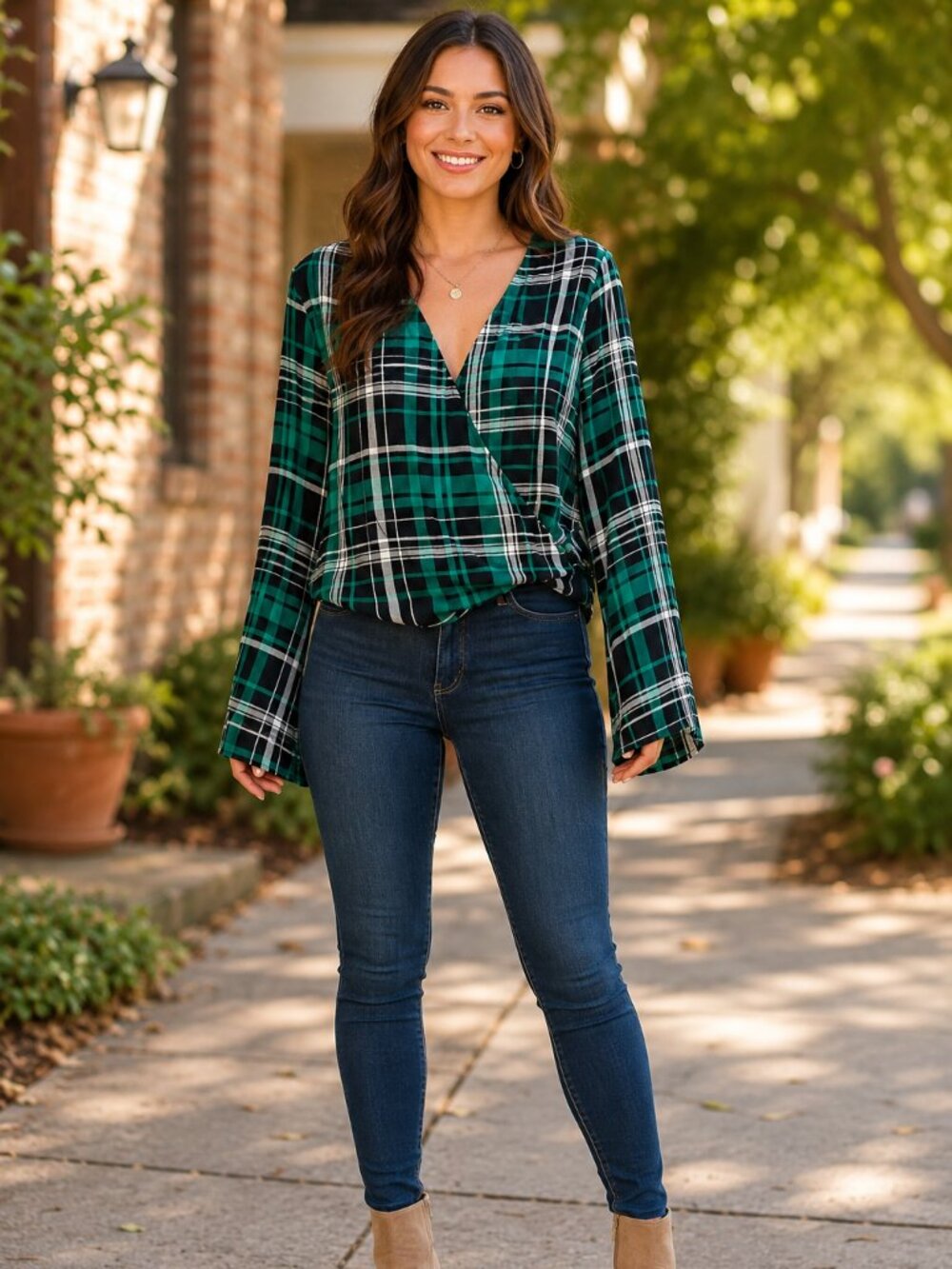Green Plaid Surplice Bell Sleeve Blouse V Neck Wrap Top Rayon Size Small